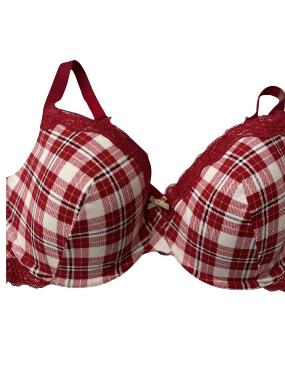 Ambrielle Women’s 40DD Organic Cotton Demi Bra Red Taffy Plaid Underwire Padded